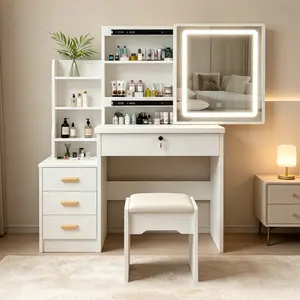 LED Sliding Mirror Vanity Desk with Stool, 3-Color Light, Lockable Drawer & Storage Shelves, Small Makeup Vanity for Bedroom, Cream White