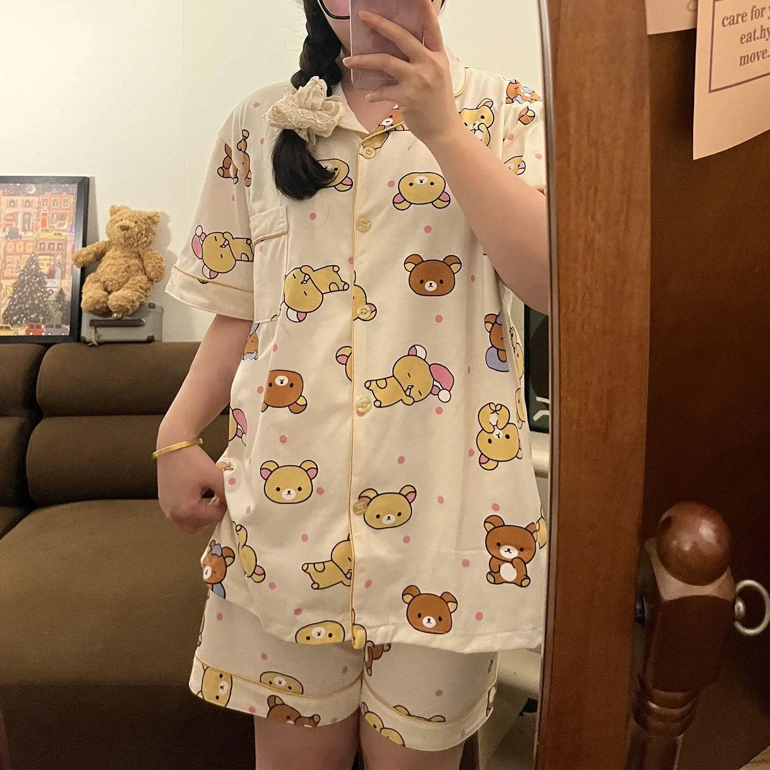 Rilakkuma Cute Pajama Set Summer Sleepwear 2 Pieces Short Sleeve Short Pant Indoor Wear Kawaii Homewear