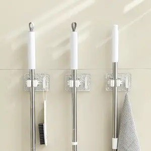 Mop Holder Clip with Strong Adhesive Hook Punch-Free Wall Mounted Bathroom Mop Storage Rack Organizer for Easy Installation