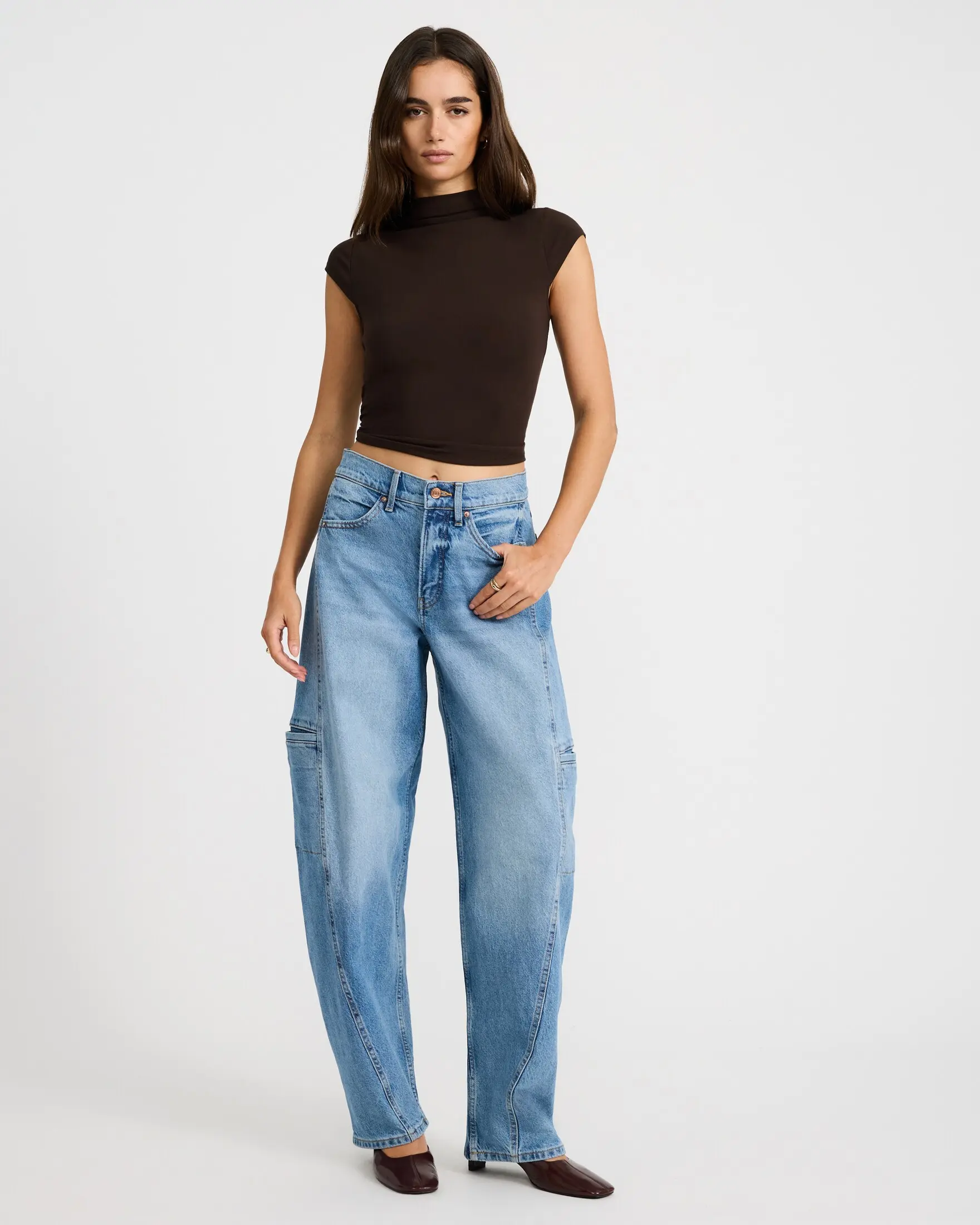 Express High Waisted Utility Barrel Medium Wash Jeans