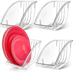 4 Pack 10 Inch Reusable Paper Plate Holder, Plastic Vertical Plates Dispenser Organizer, Under Cabinet Dinner Dish Drainer Drying Rack, Salad Dessert Dish Cradle for Kitchen Countertop