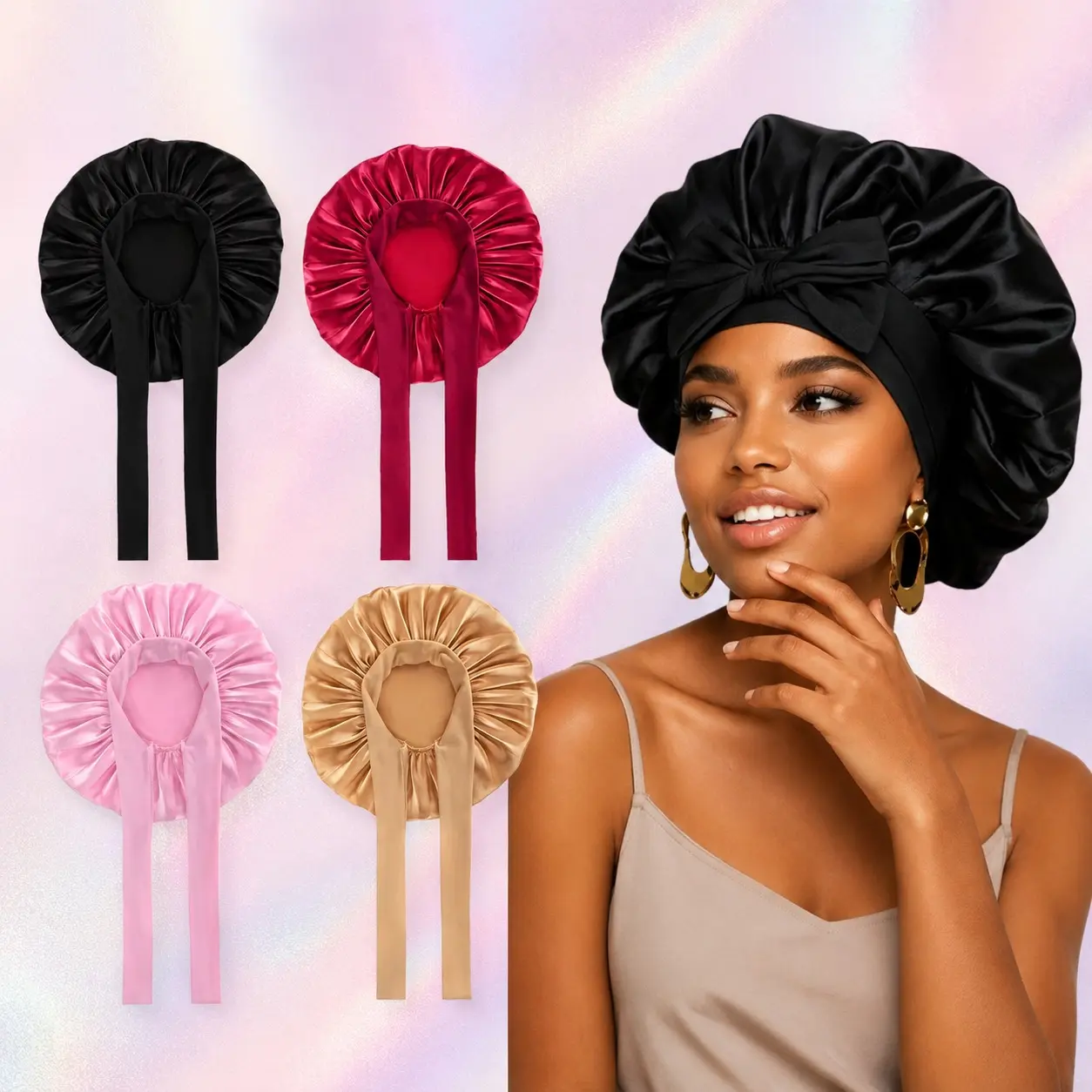 ShineTheory-Adjustable Satin Hair Bonnet with Tie Band, Soft Non-Slip Sleep Cap for Curly Natural Hair, Multi-Color Anti-Frizz Hair Bonnet for Women