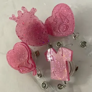 Nurse Doctors Badge Reels Pink Heart-Shaped Design with Sparkling Glitter Finish Scrub Life Name Tag Holders