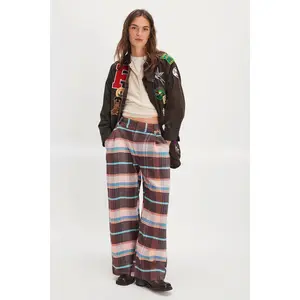 Brown Buckle Back Plaid Trouser