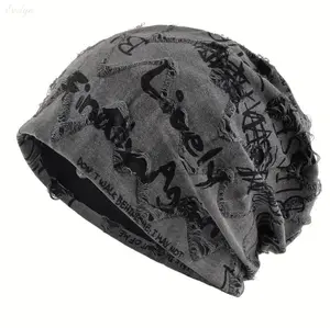 Distressed Frayed Edge Graffiti Text Slouchy Beanie - 5-Color Vintage Letter Print Oversized Casual Hat
