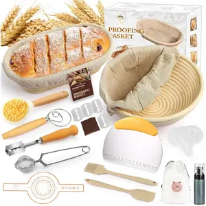 Banneton Bread Proofing Basket, Sourdough Bread Baking Supplies Kit, 10" Oval & 9" Round Banneton Baskets, Sourdough Basket Starter Set with Brush, Oil Can, Dough Whisk, Sling