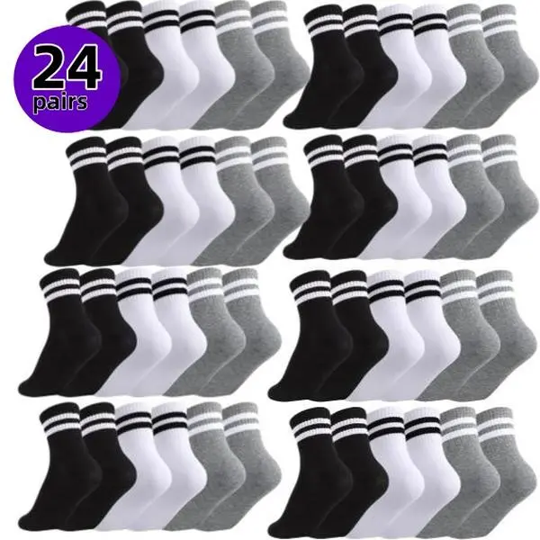 H   6-18-36 Pairs Unisex Crew Socks   Soft, breathable, with elastic ribbed cuffs. All-season comfort for running, gym, casual wear; in black/white/gray. Versatile styles (all-season, vintage, etc.) — great holiday gifts. Fiber socks for women