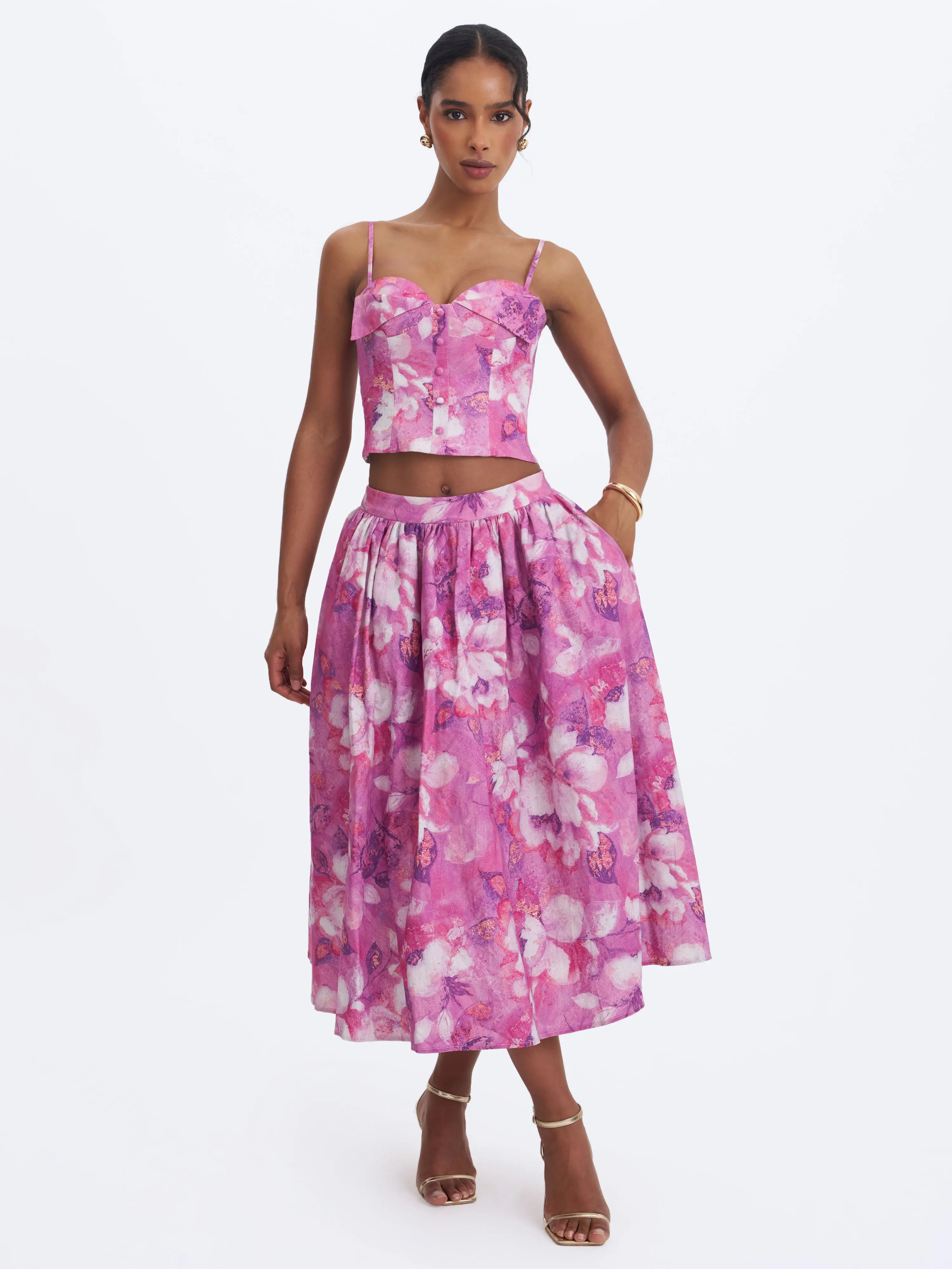 Xalina Blooming Magenta Linen Low-Rise Midi Skirt