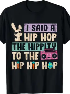 Men's Funny Easter Hip Hop Bunny T-Shirt I Said Hip The Hippity to Hop Graphic Tee Retro Boombox Rabbit Casual Short Sleeve Shirt for Spring Summer Music Party Classic Fit Soft Lightweight Fabric - Menswear