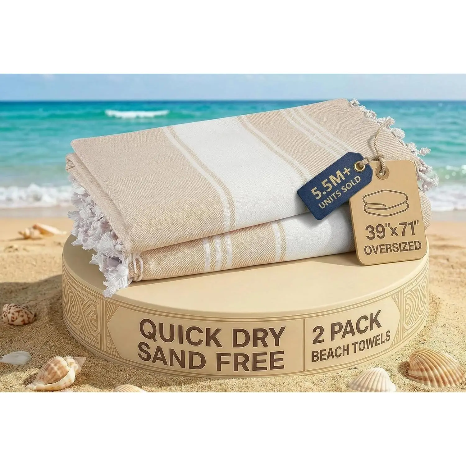 LANE LINEN Oversized Beach Towels 2 Pack Turkish Towel Set for Adults Lightweight Quick Dry Absorbent Sand Proof 39"x71" Pool Towels Beige Sand Free Travel Multipurpose Gift-Worthy Quality