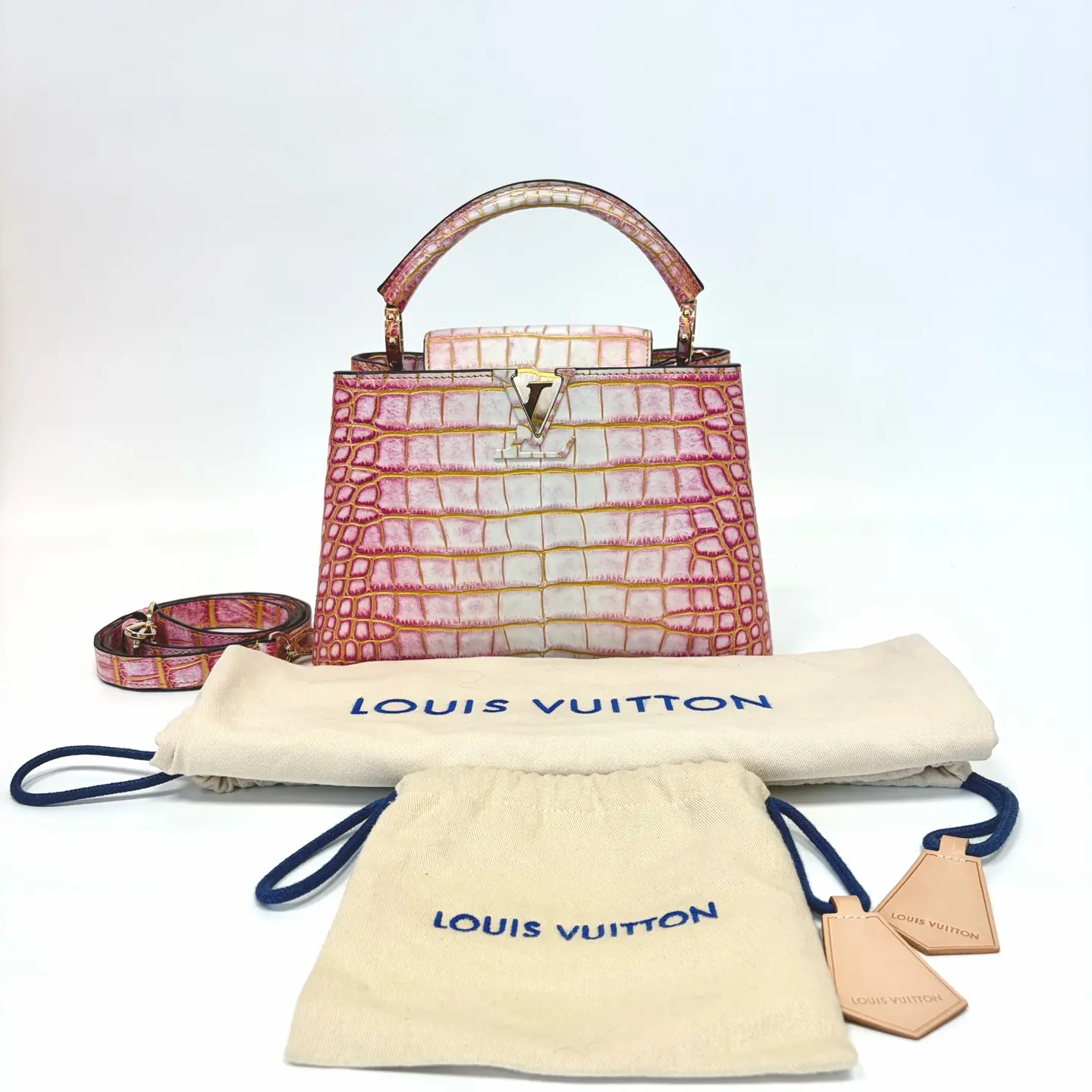 Pre-owned Louis Vuitton Capucines Medium Leather Bag Pink Himalayan Niloticus Crocodile, Shoulder Crossbody, Snap Zip Closures, Serial N22239703, Shoulder Bag, Crossbody Bags