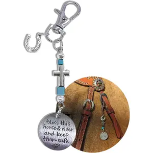 Horse Saddle and Bridle Charm Clip, Bless This Horse and Rider Keep Safe Bridle Saddle Charm Gifts for Horse Rider, Saddle Strings Riding Enthusiast Charms Hanging Ornament (Blue Stone & Horseshoe)