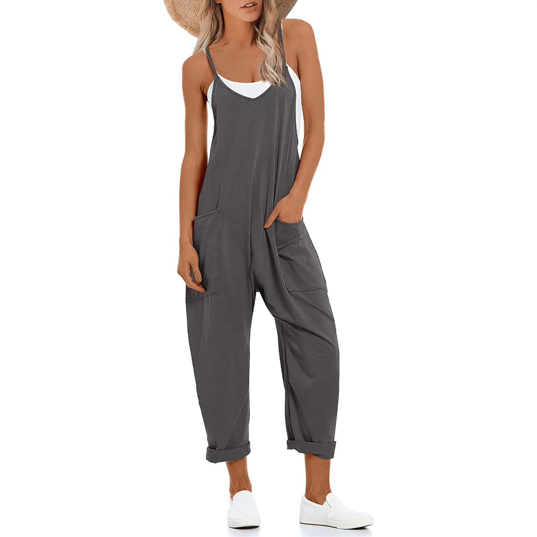 Lentta Women'S Causal Jumpsuits V Neck Sleeveless Harem Overalls Stretchy Adjustable Strap Romper with Pockets