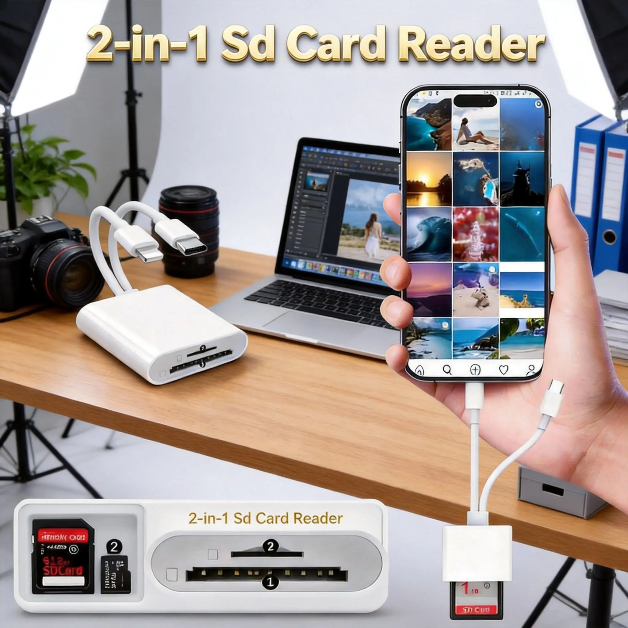 SD Card Reader for iPhone iPad, 2-in-1 Lightning & USB-C Dual Connector Memory Card Reader, Digital Camera Adapter for MacBook USB-C Laptop, Supports SD/TF/SIM Card, Plug & Play Camera Accessories