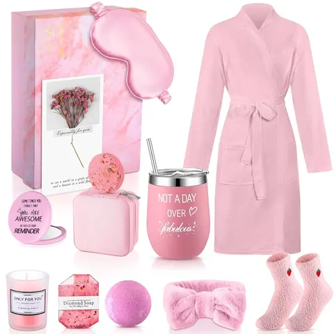 Gejoy Robe Gift for Women Birthdays Gifts Spa Gift Box with Robe Socks Jewelry Box Thermal Cup Scented Candle Mini Mirror Bath Salt Shower Soap Greeting Card, Hardcover Gift Box for Girlfriends Wives Mother Siste Friends Girls