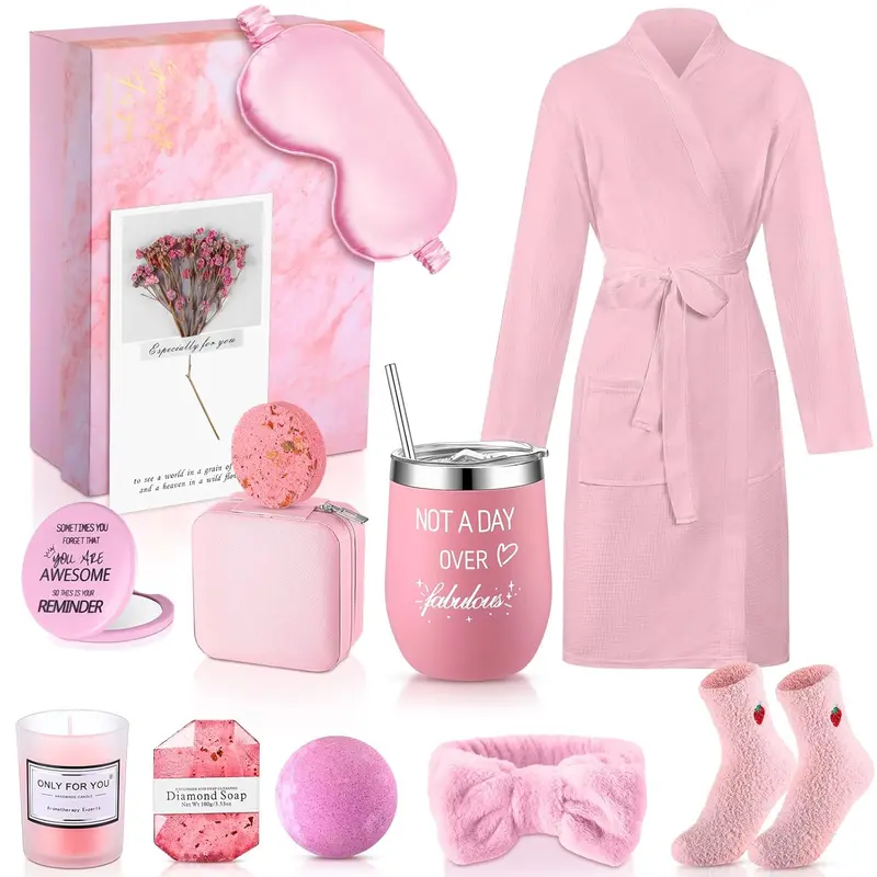 Gejoy Robe Gift for Women Birthdays Gifts Spa Gift Box with Robe Socks Jewelry Box Thermal Cup Scented Candle Mini Mirror Bath Salt Shower Soap Greeting Card, Hardcover Gift Box for Girlfriends Wives Mother Siste Friends Girls