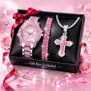 Pink Iced Out Bling Jewelry Set for Her – Sparkly Crystal Watch, Pink Tennis Bracelet & Cross Pendant Necklace, 3-Piece Hip Hop Style Gift Set for Birthdays, Anniversaries & Everyday Streetwear Glam