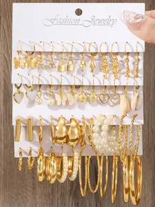 48pcs Hoop Earrings Set, Boho Style, Heart Design, Zinc Alloy, Low Allergy, Daily Wear Jewelry, Women's Accessories