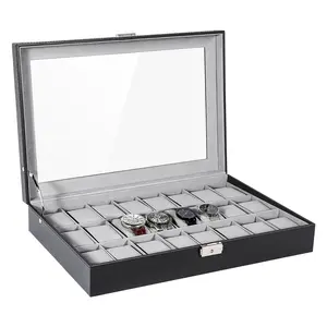 Uten Watch Box, 24 Slots Leather Watch Case, Watch Box Organizer Jewelry Storage with Large Glass Lid, Watch Display Case, Watch Box for Men & Women Gift