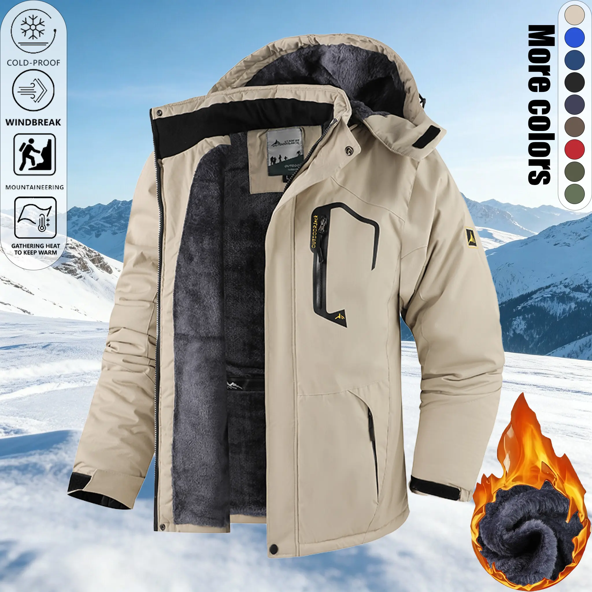 Men’s winter detachable hood fleece-lined outdoor mountaineering windbreaker jacket — windproof, cold-resistant, thickened with fleece lining, multi-pocket, wear-resistant, warm workwear jacket