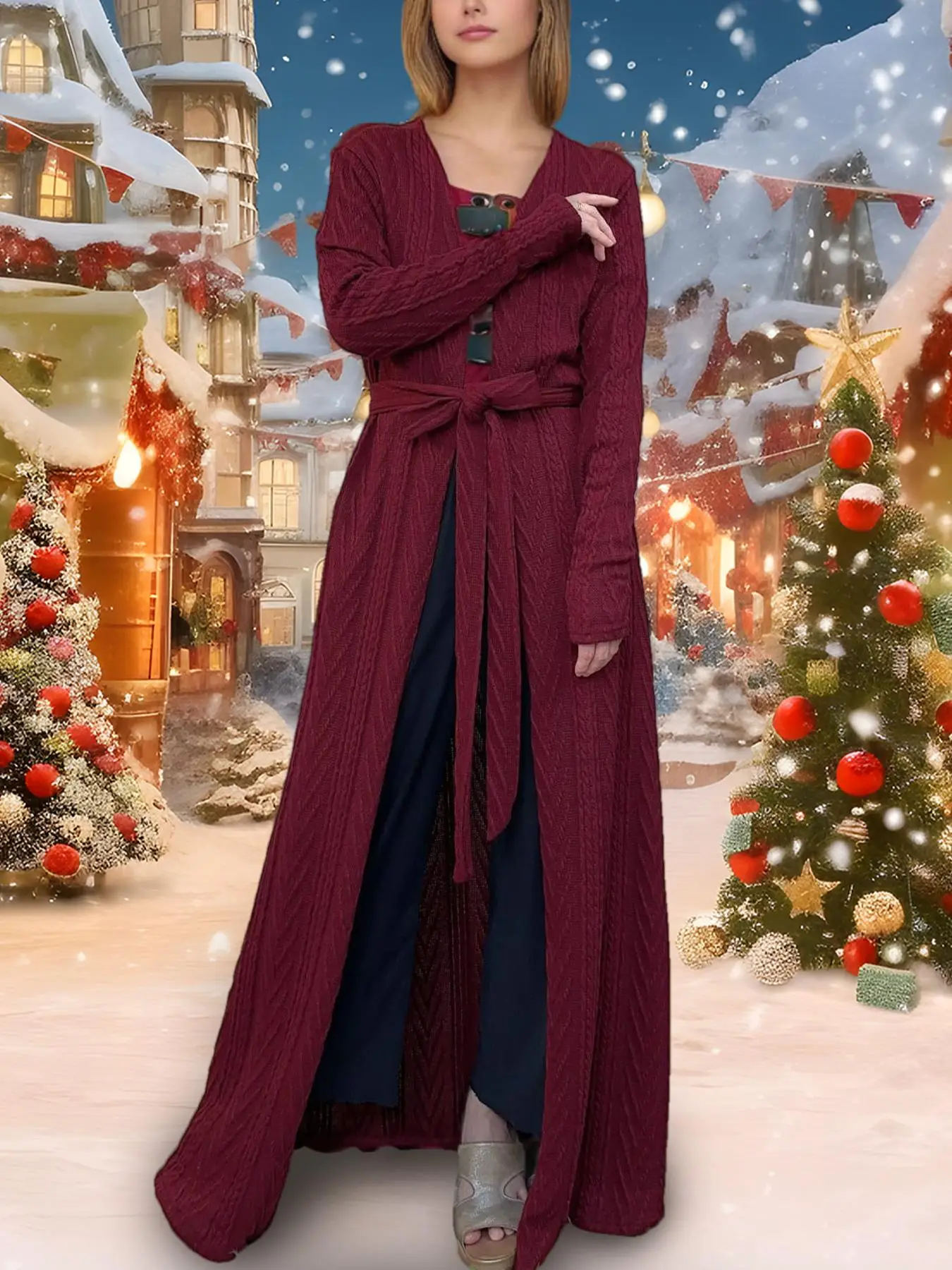 Women's Solid Belted Pocket Long Cardigan, Elegant Long Sleeve Open Front Knitwear for Fall & Winter, Women's Islamic Clothing for Daily Wear