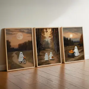 Ghost Halloween Print Set of 3 | PRINTABLE Pumpkin Ghost Wall Art | Cute Fall Decor Poster | Halloween Gallery Wall | Cozy Autumn Print Set - No Frame