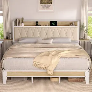【Valentine's Day gift】ONBRILL Bed Frame with Side Storage Shelf, Ergonomic Upholstered Headboard with Charging Station, King Platform Bed Frame, Metal Slats Support, No Box Spring Needed, Easy Assembly