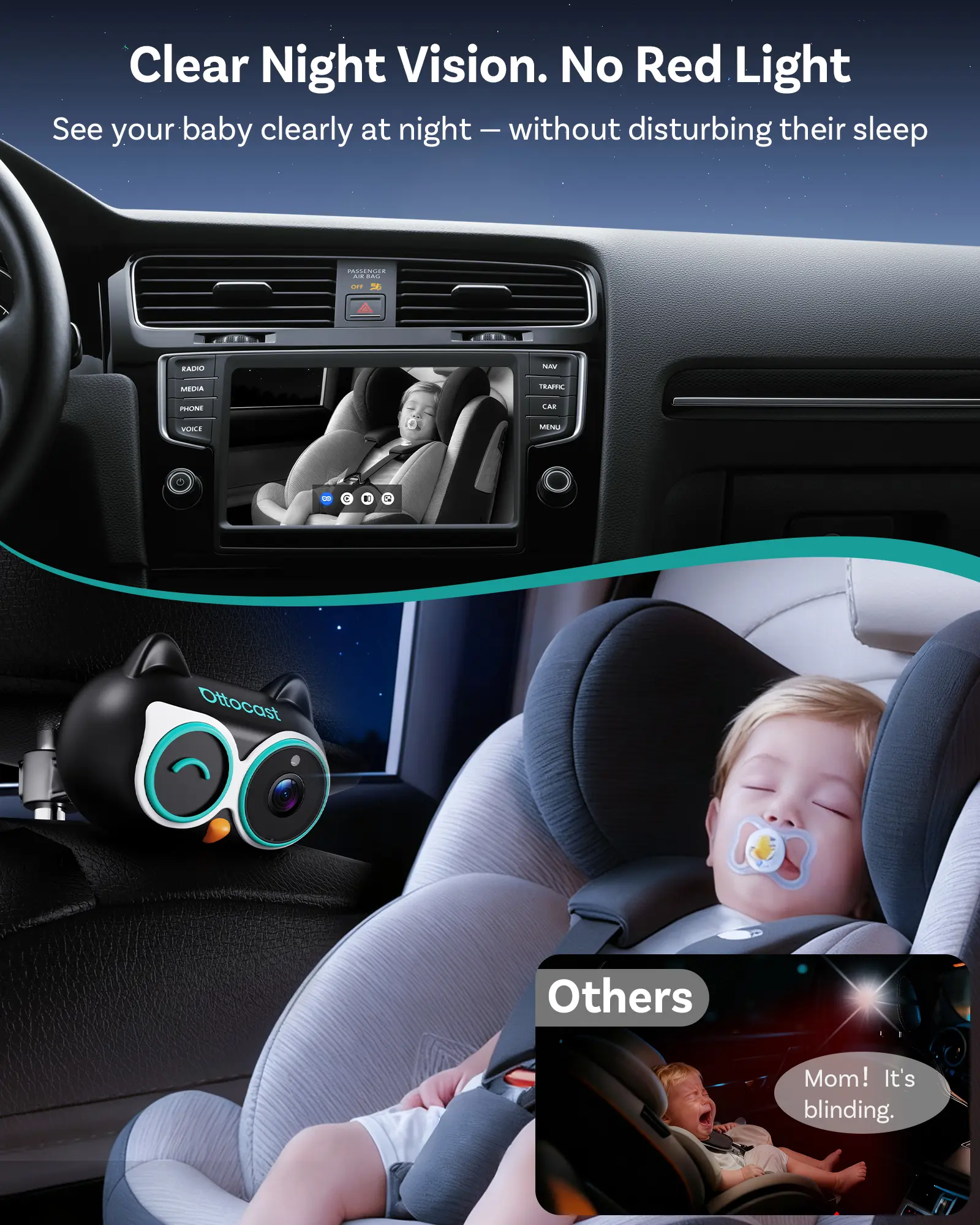 OTTOCAST Baby Car Camera &Wireless CarPlay Adapter,1080P HD Rear Seat Monitor Display on Car Screen,150°Wide Angle No-Glow Night View, Safety for Kids & Infants