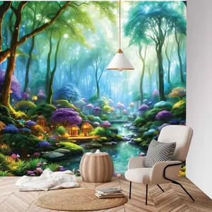 Fairy Forest Houses, Removable Mural, Enchanted Forest Mural, Nursery Decor, Remove Wallpaper Nursery, Custom Wallpaper Mural