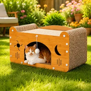 Cat Scratcher House with Cozy Hideaway Cave & Pom-Pom Teaser Ball, 3-in-1 Corrugated Cat Bed with Breathable Design, Durable & Space-Saving for Indoor Cats