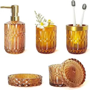 Bathroom Accessories Set, 5 count Brown Glass Bathroom Accessories Sets, Hand Soap Dispenser, Soap Dish,  Holder Set, Qtips Holder for Vanity Bathroom Decor,  Set