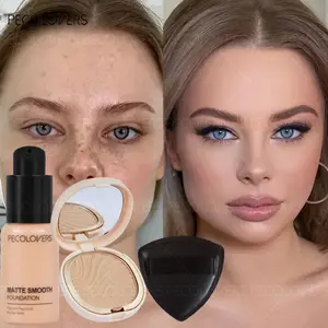 3pcs/set Makeup Set Waterproof Liquid Foundation+Pressed Powder Foundation+Makeup Puff Long-Lasting Full Coverage Conceals Dark Circles Perfect for Creating A Flawless Face Makeup Set Kit