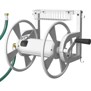 Wall Mounted Hose Reel with Hook, Hose Holder Winder with 3.9 ft Leader Hose, Brass Fitting and Basket for Yard, Holds 125 Ft of 5/8-Inch Hose, White