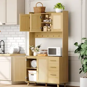 71in Tall Kitchen Pantry Cabinet, Rattan Boho Kitchen Hutch Cupboard Freestanding Storage Cabinet with Microwave Shelf 3 Drawers 6 Hooks for Living Dining Room