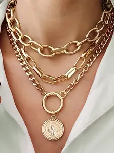 Women's Punk Style Exaggerated Portrait Pendant Necklace Set, Layered Necklaces, Stainless Steel Chain, Casual Jewelry for Dating, Vacation, Party, Fashion Jewelry Accessories