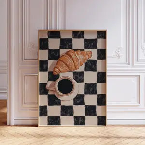 Checkered Coffee and Croissant Poster – Funky Retro Food & Drink Wall Art, Coffee Cup Poster, Vintage Kitchen Decor