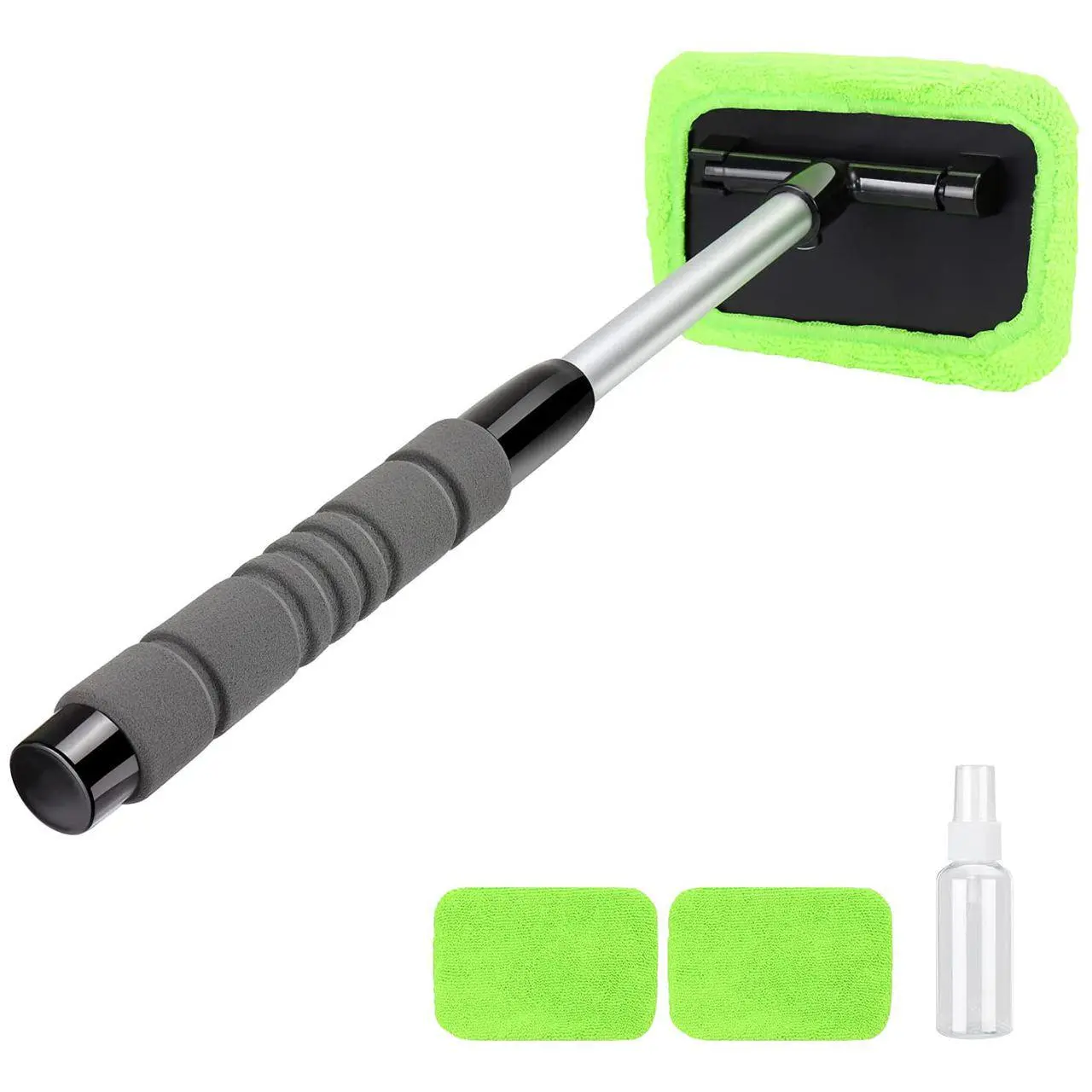 Extendable Detachable Handle Surface Cleaner with 3 Reusable Microfiber Pads (3 Pcs Washer Towels), 30ml Spray Bottle, Streak-Free Tool for Car Glass, Mirrors, Home Improvement (Green, Good Water Absorbability, Microfiber Towel, Spray + Pad)