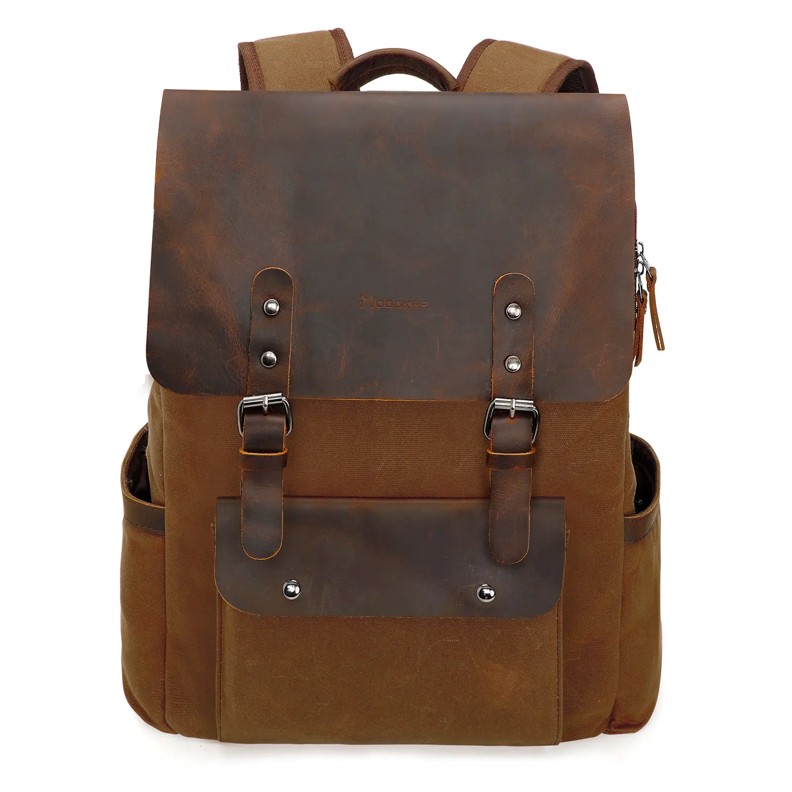 Modoker Distressed Vintage Backpack, Waxed Canvas and Genuine Leather Rucksack for Men & Women, Casual Carry On for 15.6 Inch Laptop, Carry On Backpacks, Distressed Vintage Backpacks