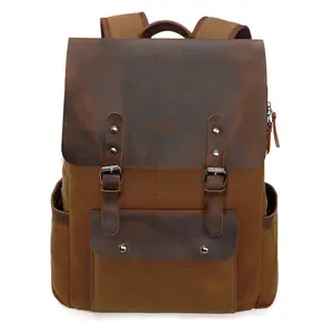 Modoker Waxed Canvas Backpack, Genuine Leather Rucksack for Men Women Vintage Travel Laptop Bag 15.6 Inch Retro Flap Satchel, Casual Canvas Bookbag Daypack