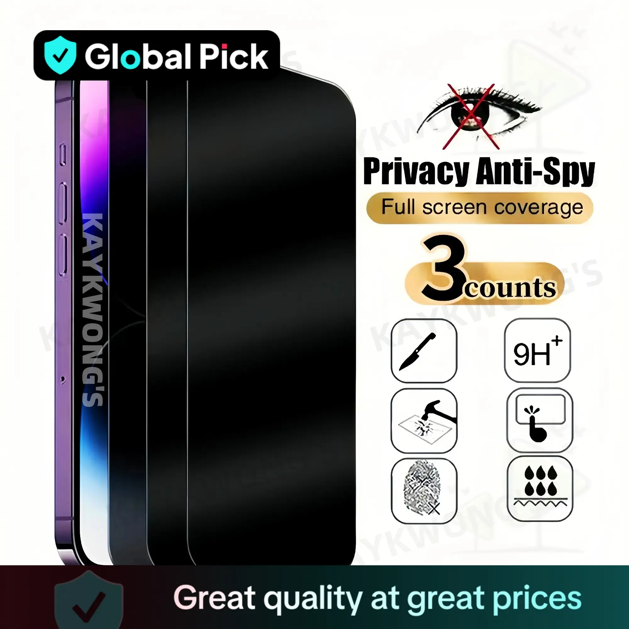 KAYKWONG'S Anti-spy Tempered Glass Screen Protector, 3 Counts HD Privacy Phone Screen Protective Film, Phone Screen Tempered Glass Film Compatible Wit