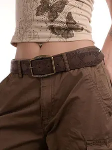 Punk Style Colorblock Pu Buckle Belt, Vintage Western Belt for Women, Fashion Accessories for Jeans & Trousers, Pu Leather Belts