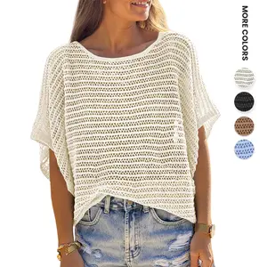 Aswulk Womens Crochet Tops Summer Batwing Short Sleeve Oversized Sweater Boat Neck Mesh Knit Beach Cover Up Top