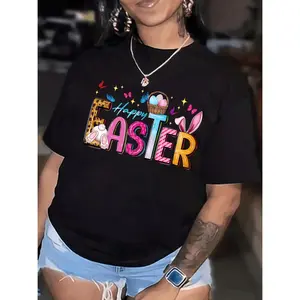 Women's Happy Easter Bunny T-shirt -100% cotton casual round neck short sleeve top, colorful Easter egg and rabbit design, machine washable spring/summer celebration clothes, comfortable fabric
