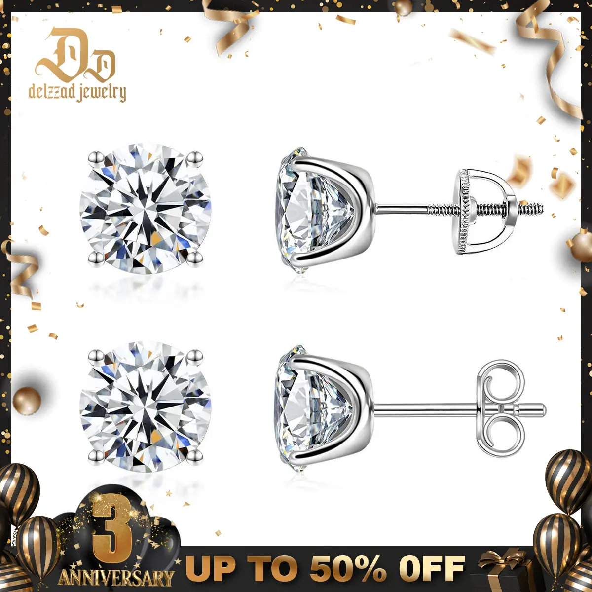 Delzzad S925 Solitaire Four Prong Earrings Screw Back/Butterfly Back Lab-Created Moissanite Stud Earring Moissanite Jewelry Perfect Birthday Mother’s Day Christmas Gift for Men Women Wedding Set Diamond Stud Earrings White Stud