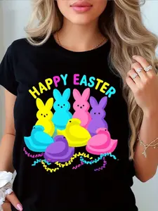 Happy Easter Bunny Peeps Graphic Tee. Women'S Summer Black Crew Neck Short Sleeve T-Shirt, Easter Breathable Casual Short Sleeve T-Shirt. Easter Women'S Classic Black Crew Neck Tee. Perfect As A Gift. Suitable For Home/Outdoor/Travel