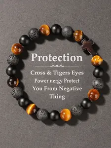 Protection & Support Cross Bracelet, Handmade Tiger Eye Volcanic Stone Beaded Jewelry, Fashion Accessory for Men & Women, Meditation & Energy Healing Gift