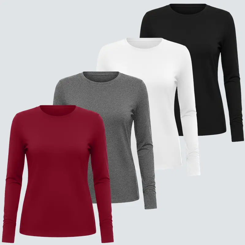 Veldtholos 4 Pcs Women's  Long Sleeve Basic Shirts Crew Neck Slim Fitted Compression Workout Underscrubs Tops for Layering