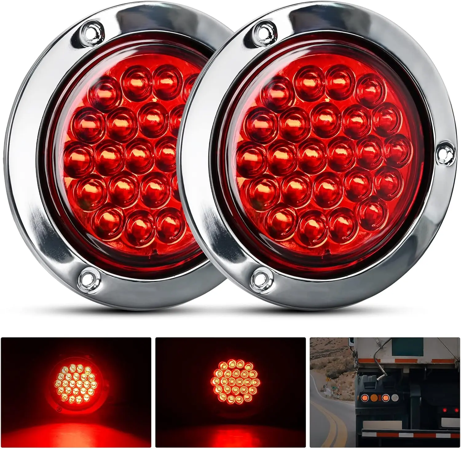 Nilight 4-in Round Trailer Tail Lights, 2PCS 24LED Red Sturdy Stainless Steel Chrome Bezel Waterproof Turn/Brake Lights with ABS Lens, 4.4” Diameter Hole 2.17” Depth Screw Surface Mount for Truck, Camper