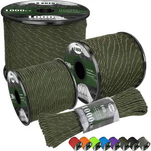 X XBEN Paracord Reflective 1000lb, 50/100/200/500/1000ft 4mm, 13 Strand Paracord Rope, Tactical Parachute Cord for Camping, Fishing, Clothesline, Hammock, Tent & Survival Bracelet, Army Green
