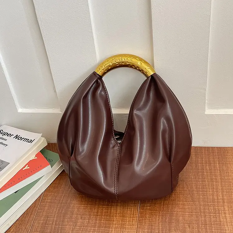 Soft Ruched V-Split Hobo Handbag, Hammered Textured Gold Metal Circular Ring Top Handle Detachable Crossbody Strap Minimalist Women Daily Shoulder Purse
